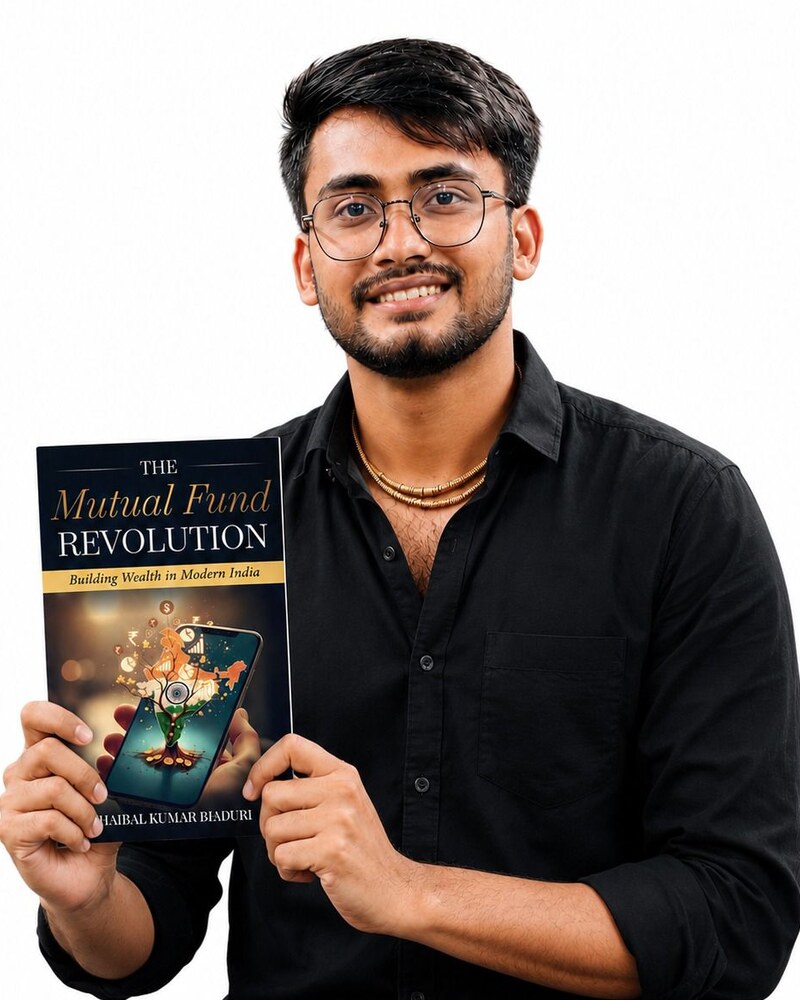 Shaibal Kumar Bhaduri, published author of The Mutual Fund Revolution, holding his paperback
