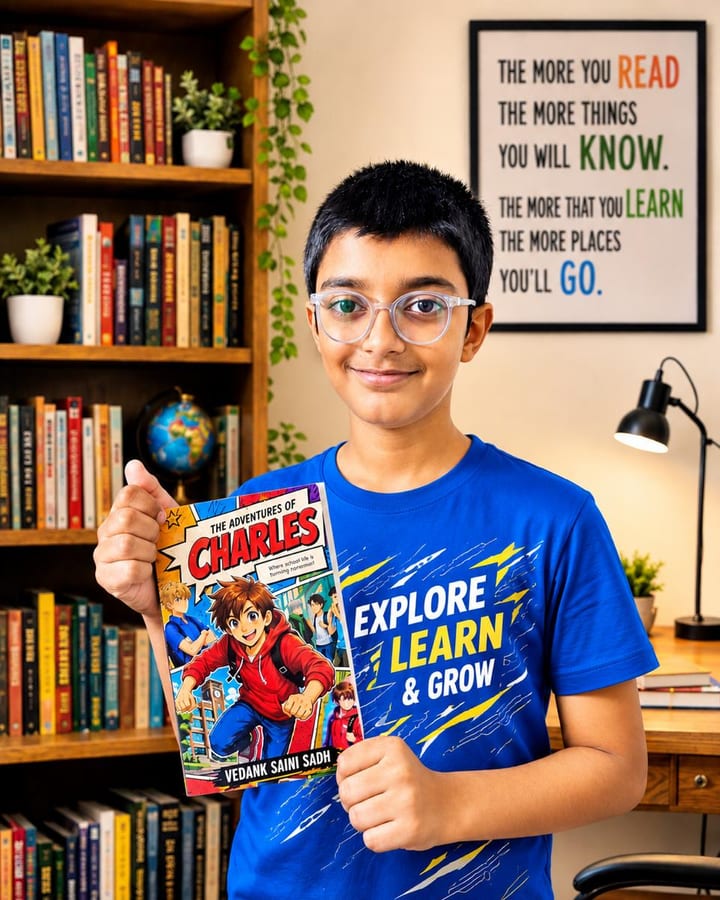Vedank Saini Sadh, published author of The Adventures of Charles, holding his paperback in a home library